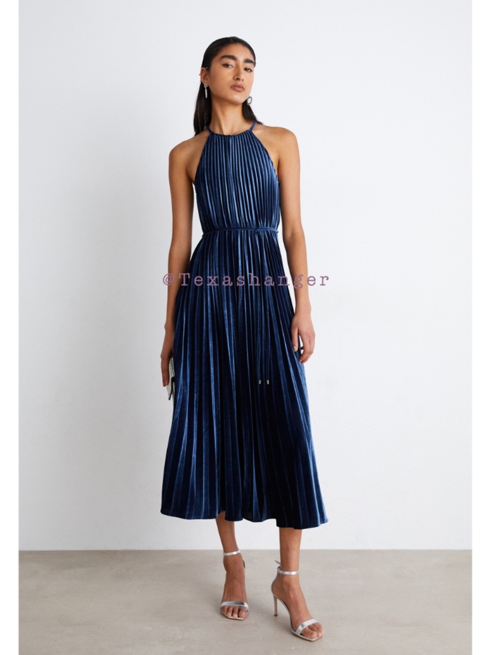 Ted Baker Kassiah Pleated Halterneck Midi Dress US 6 Navy NWT